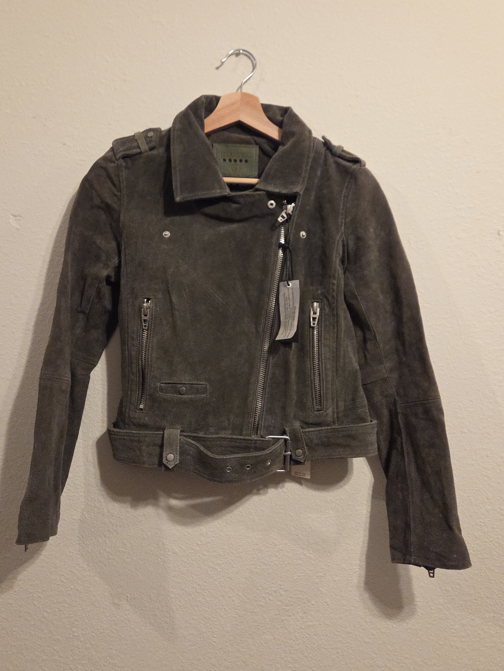 Suede Leather Moto Jacket - Olive Green